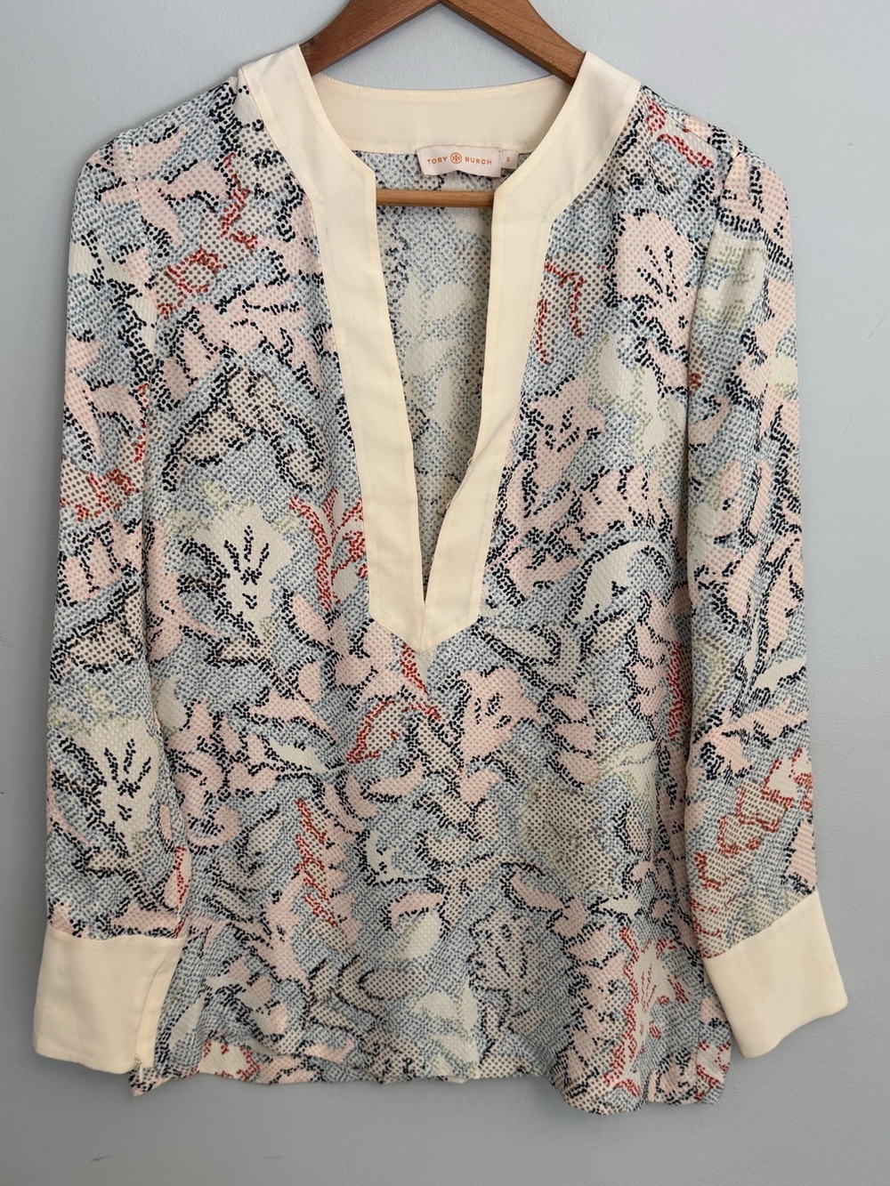 Tory Burch Silk V-Neck Tunic Blouse Abstract Floral Cream Trim Size 0
